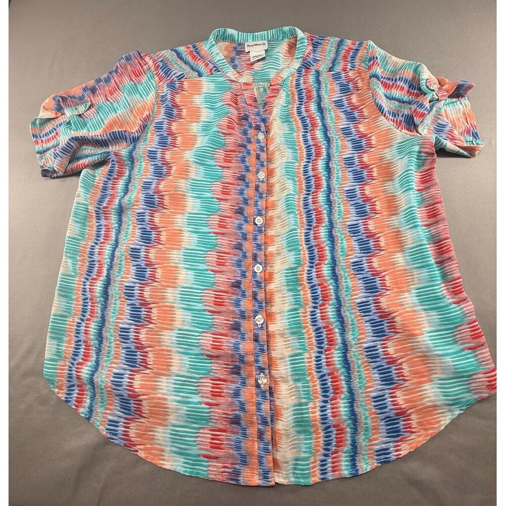 BonWorth Women’s XL Abstract Ikat Stripe Button Front Blouse